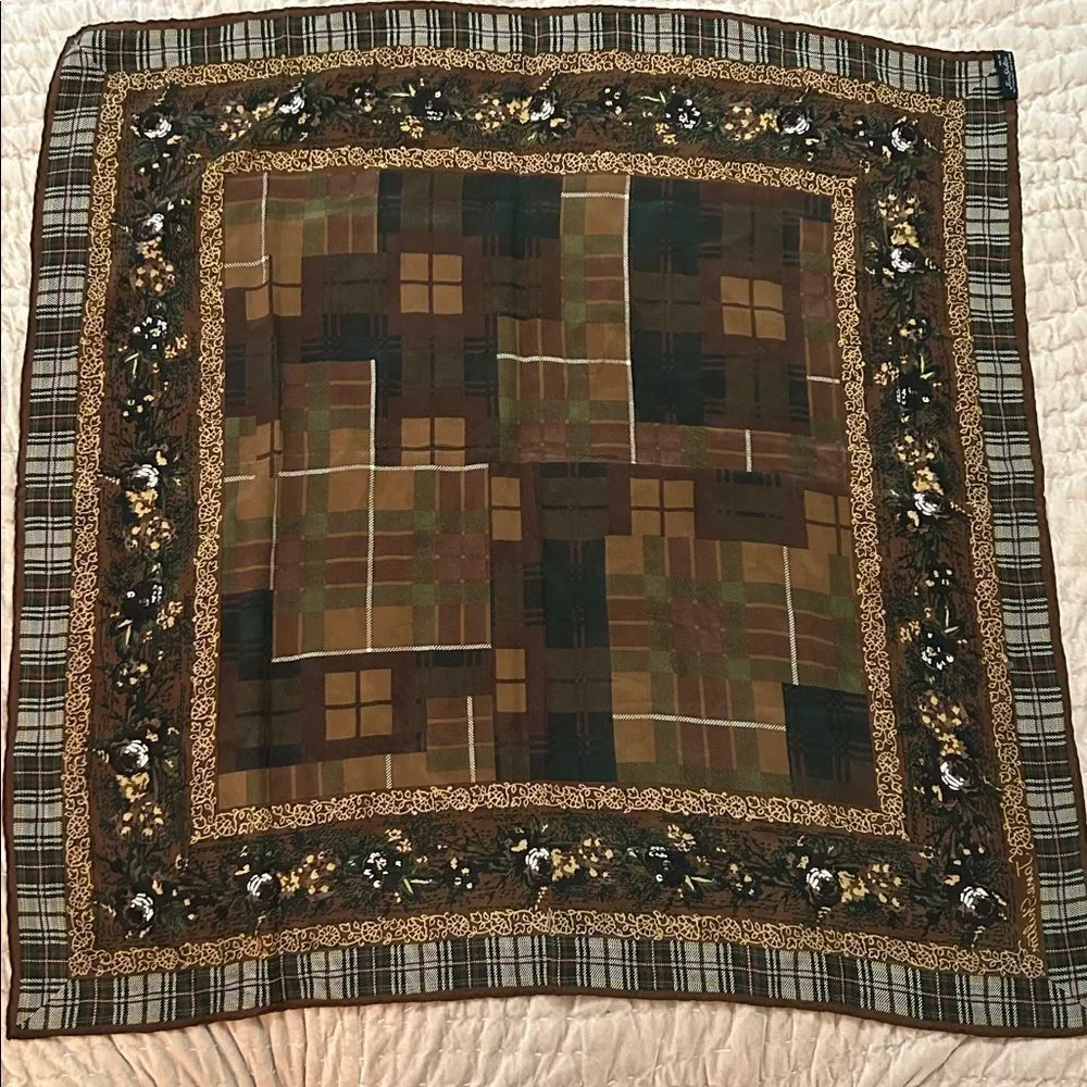 Jane Shilton pure silk, brown, large scarf Elegant Brown Patchwork floral scarf